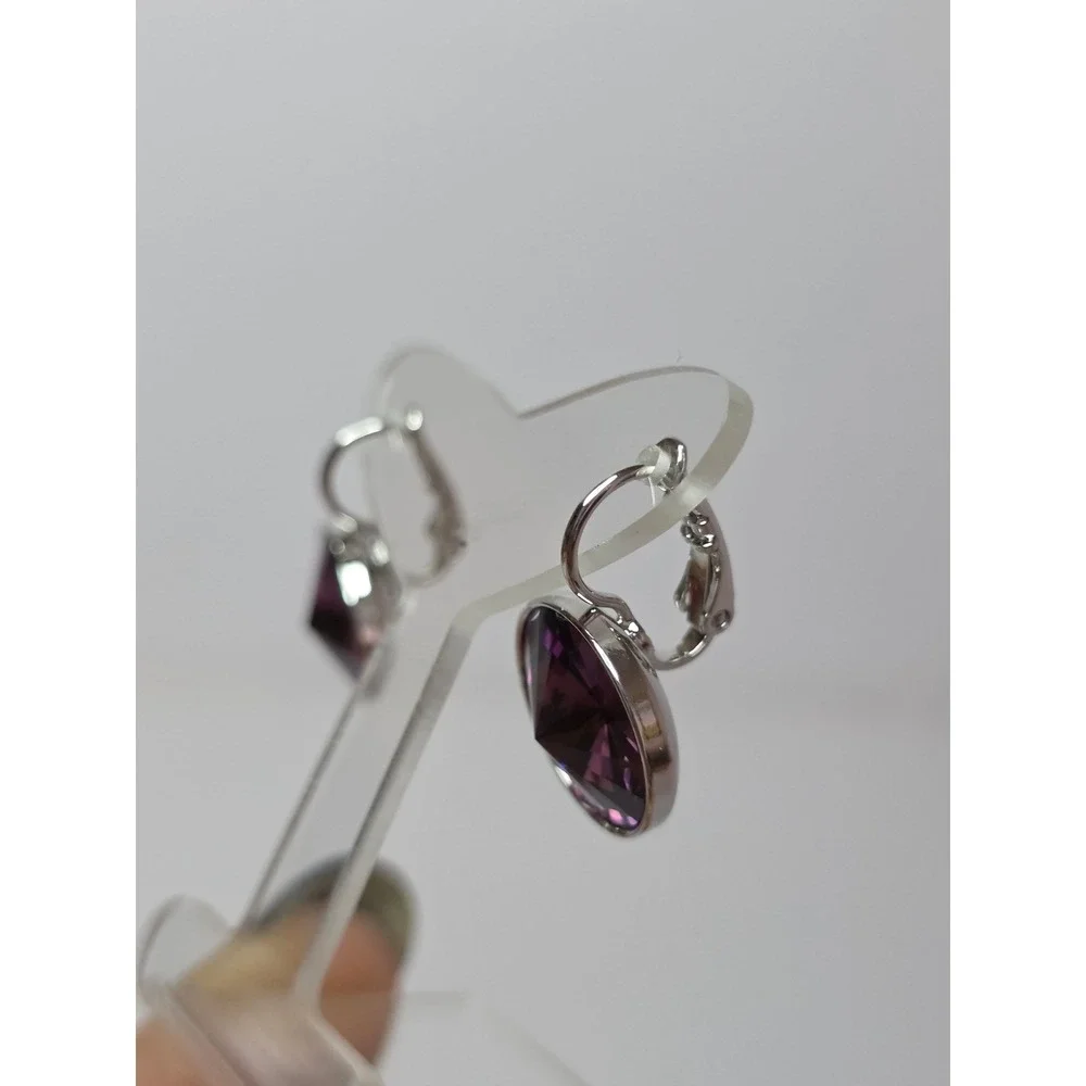 NEW CrystalsAustria Dark PurpleAmethyst 15mm Round LeverbackEarrings PlatinumPl